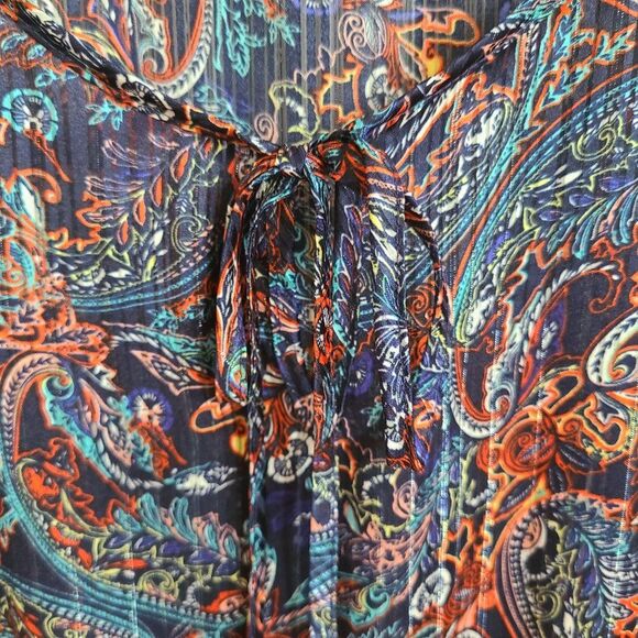 Relativity Black Paisley Gathered Blouse Multi Color 3/4 Bell Sleeve Sz Medium - Picture 8 of 16